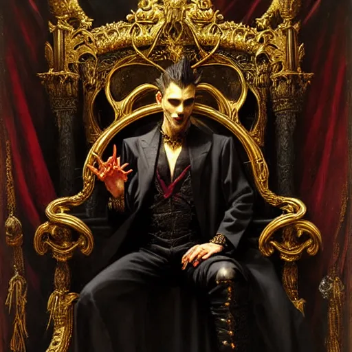 Prompt: perfectly centered portrait of attractive vampire king in gold gothic robe sitting on a throne of black bones, highly detailed painting by gaston bussiere, craig mullins, j. c. leyendecker, 8 k, mid shot