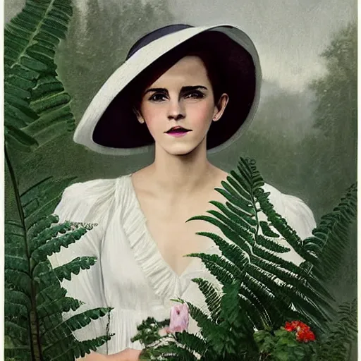 Image similar to full body fashion model emma watson by Jeremy Lipking by Hasui Kawase by Richard Schmid smokey eyes makeup eye shadow fantasy, glow, shimmer as victorian woman in a long white frilly lace dress and a large white hat having tea in a sunroom filled with flowers, roses and lush fern flowers ,intricate, night, highly detailed, dramatic lighting , high quality