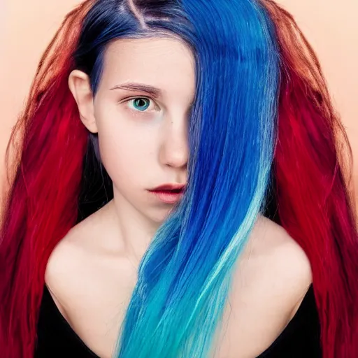 Prompt: symmetrical portrait of a girl with split hair colouring, half blue and half red colour