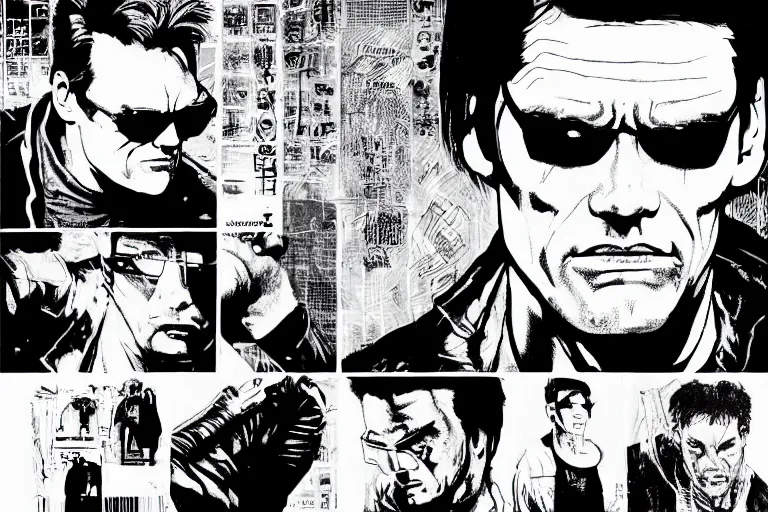 Image similar to jim carrey in the matrix, a page from cyberpunk 2 0 2 0, style of paolo parente, style of mike jackson, adam smasher, johnny silverhand, 1 9 9 0 s comic book style, white background, ink drawing, black and white