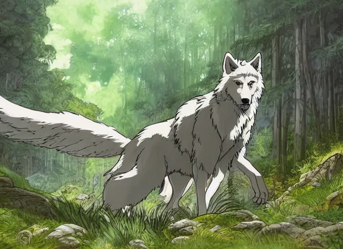 Prompt: a majestic alpha wolf spreading his wing in a mythical forest next to a pathway, dark eyes, by ghibli studio and miyasaki, illustration, great composition