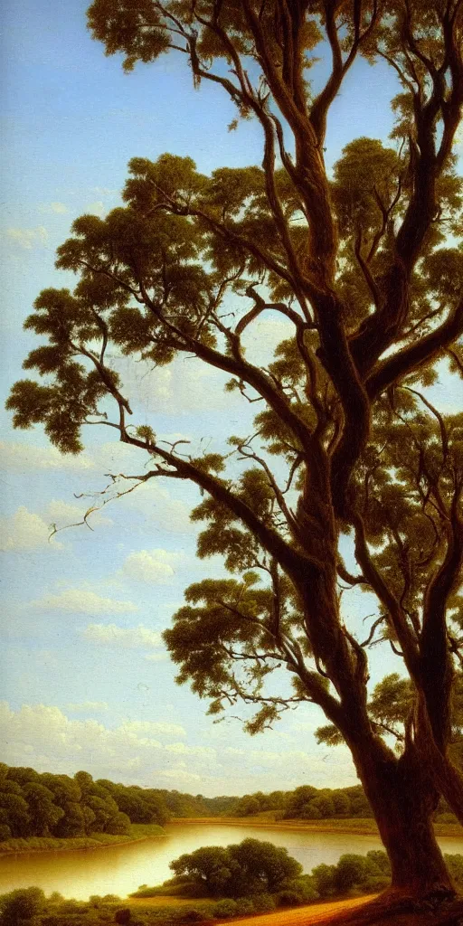 Prompt: landscape painting of a old blue gum tree next to a meandering river by hudson river school, bright sunlight, artstation