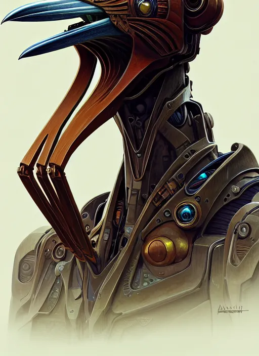 Image similar to portrait of rusty anthropomorphic mecha - boat - billed heron shady dealer, intricate, elegant, highly detailed animal monster, digital painting, artstation, concept art, smooth, sharp focus, illustration, art by artgerm and greg rutkowski and alphonse mucha, 8 k