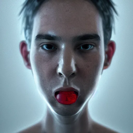 Image similar to headshot portrait of person holding hyperrealistic human eye in mouth, hyperrealistic, extreme detail, ray tracing, octane render