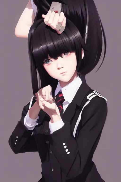 Image similar to Gorgeous realistic japanese schoolgirl with black hair, in black uniform, very detailed eyes. By ilya kuvshinov, krenz cushart, Greg Rutkowski, trending on artstation