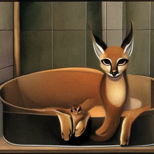 Image similar to cute caracal in bathtub, by Ralph McQuarrie