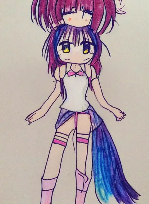 Image similar to very poorly drawn anime girl, cute outfit, posing, crayon art, very silly looking, very anime