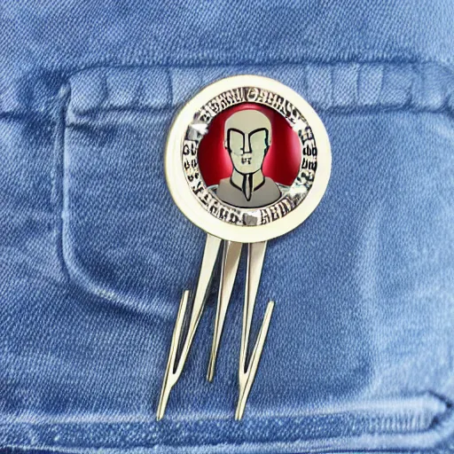 Image similar to transhumanism, metal badge with a hair clip