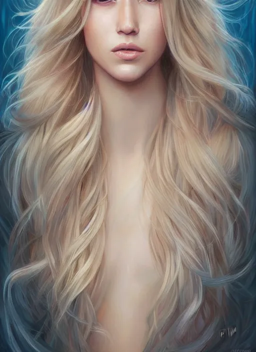 Image similar to a painting of a woman with long blonde hair, a photorealistic painting by magali villeneuve, featured on cgsociety, fantasy art, detailed painting, photorealistic