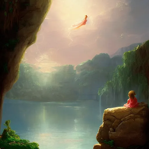 Image similar to a painting of a little girl sitting on a rock, a digital painting by thomas cole, cgsociety, metaphysical painting, 2 d game art, storybook illustration, detailed painting