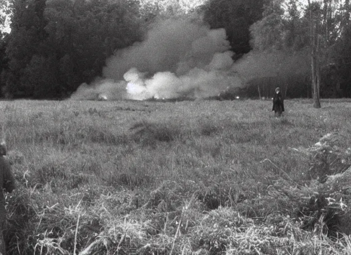 Prompt: people looking at house burning at backyard, film grain, around tall grass, trees, andrei tarkovsky, evening