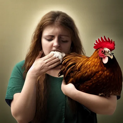 Prompt: A realistic image of a very sad woman holding a rooster in her hands, ultra high detail, 8k.