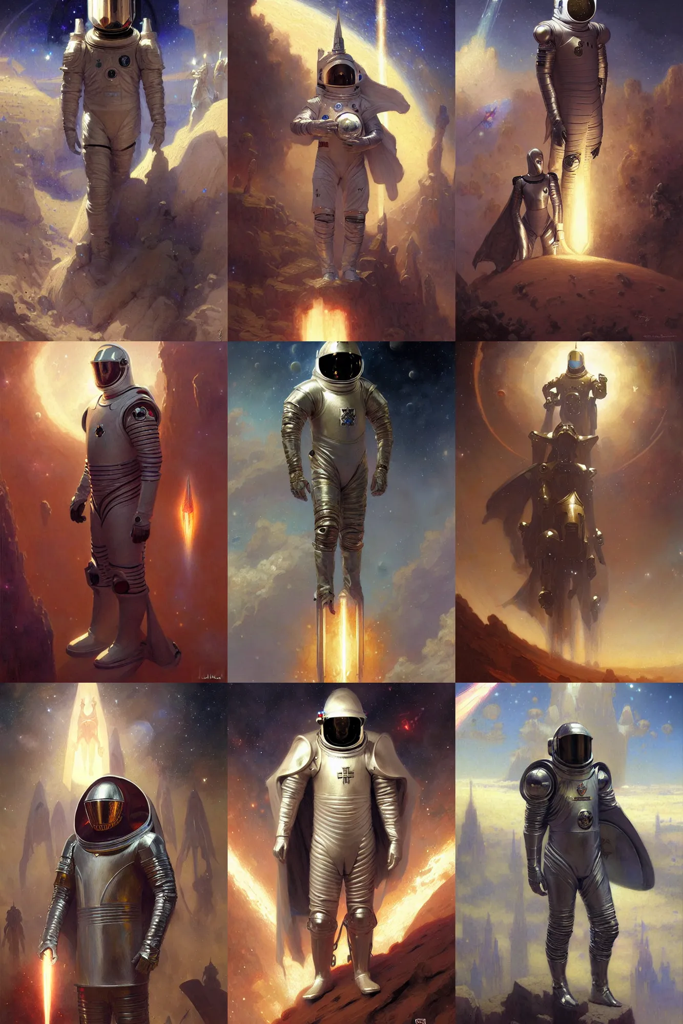 Prompt: knights templar in a space suit with cape, futurism, character design, painting by gaston bussiere, greg rutkowski, artgerm