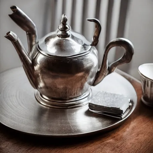 Image similar to a silver teapot on a wooden table. intricate.