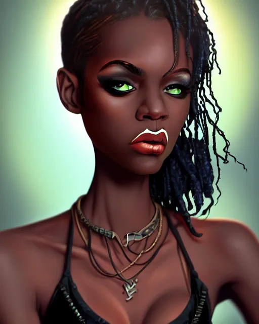 Prompt: punk rock dark - skinned young woman character portrait, by don bluth, sci - fi environment, highly detailed, dynamic shadows, 4 k, wallpaper - 1 0 2 4