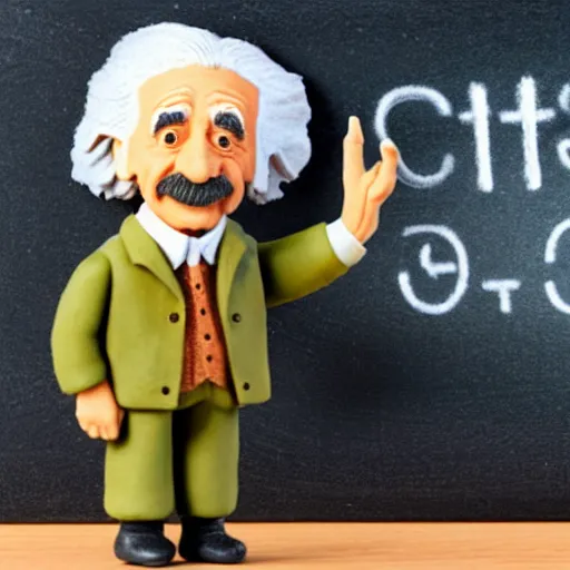 Prompt: claymation miniature scene of albert einstein finger pointing standing in front of miniature blackboard with lots of mathematical formulas chalked on