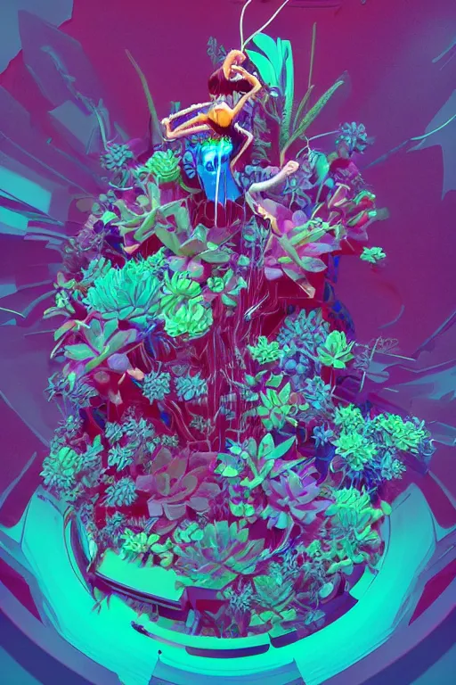 Prompt: epic 3 d abstract 🇵🇷 vr hacker, spinning hands and feet, 2 0 mm, plum and teal peanut butter melting smoothly into asymmetrical succulents and synths, liquid cooled, thick looping wires, beautiful, intricate, houdini sidefx, trending on artstation, by jeremy mann, ilya kuvshinov, jamie hewlett and ayami kojima