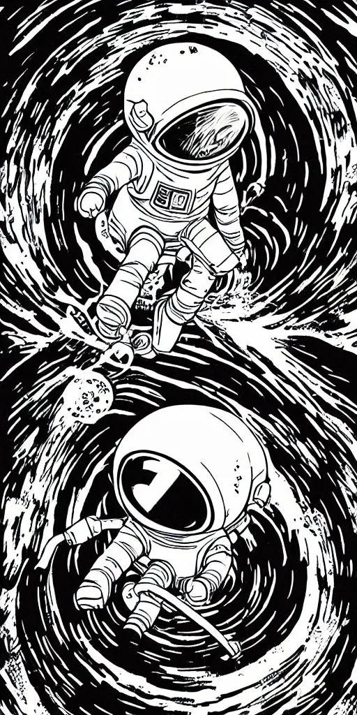 Image similar to full color, mcbess poster , astronaut drifting into a black hole