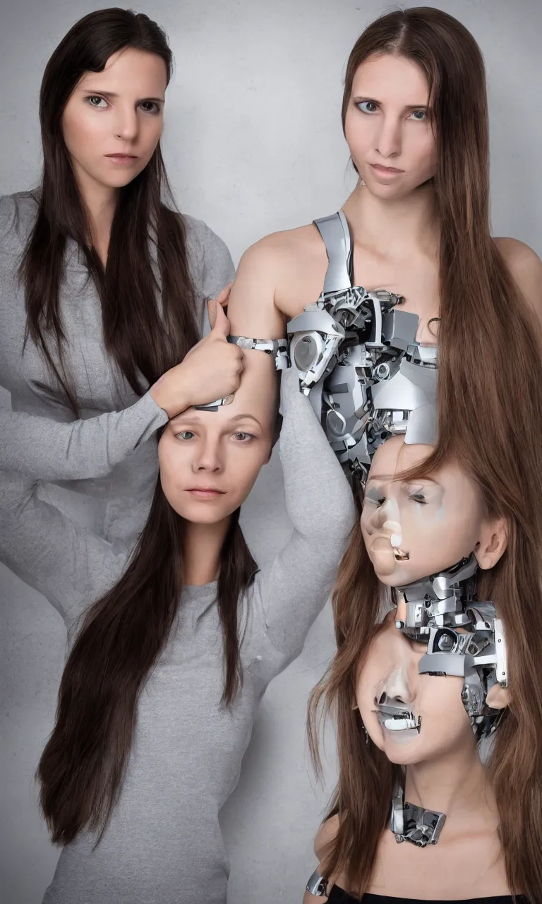 Image similar to full body photo of a woman with human face and robot body, robot body, steel body, human face, cyborg body