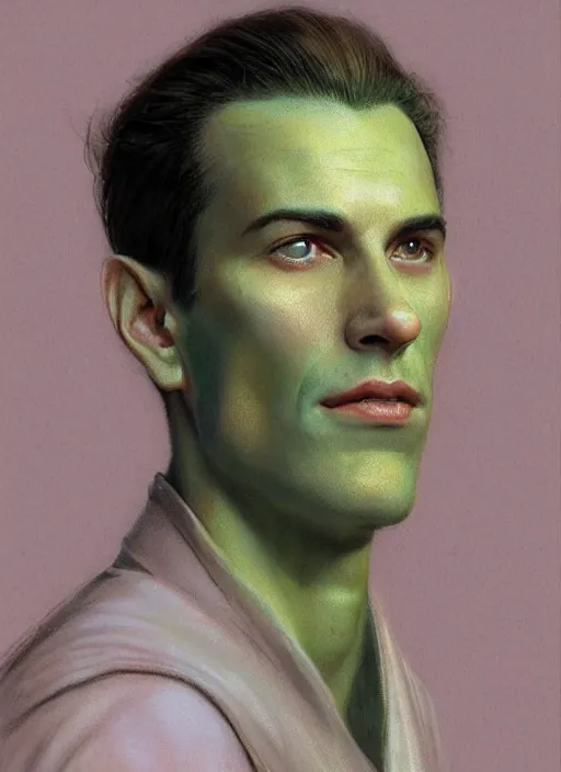 Image similar to a spiritual man in his twenties smirking with medium light brown hair tied back, light green eyes, a large forehead, a widows peak and a round face with high cheekbones and full lips as a realistic d & d fantasy character, portrait art by donato giancola and greg rutkowski, vintage retro, realistic face, digital art, trending on artstation