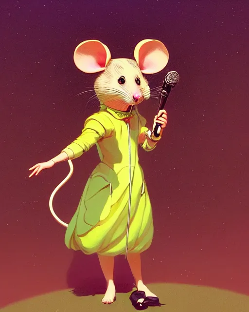 Image similar to anthropomorphic art of anthropomorphic mouse singing in microphone, victorian bright clothing by artgerm, victo ngai, ryohji hase, artstation, highly detailed digital painting, smooth, global illumination, fantasy art by greg rutkowsky, karl spitzweg