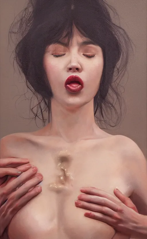 Image similar to portrait of a girl, in a silk robe, honey dripping down her top to bottom, petrolium coming out of her mouth, hyperrealistic, hightech