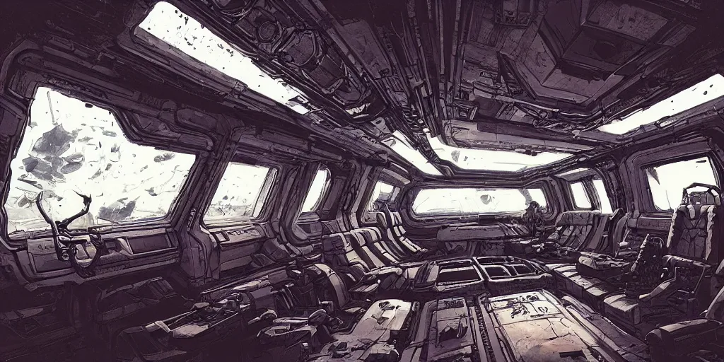 Image similar to horror spaceship interior, kim jung gi style, Greg Rutkowski, Zabrocki, Karlkka, Jayison Devadas, trending on Artstation, 8K, ultra wide angle, zenith view, pincushion lens effect