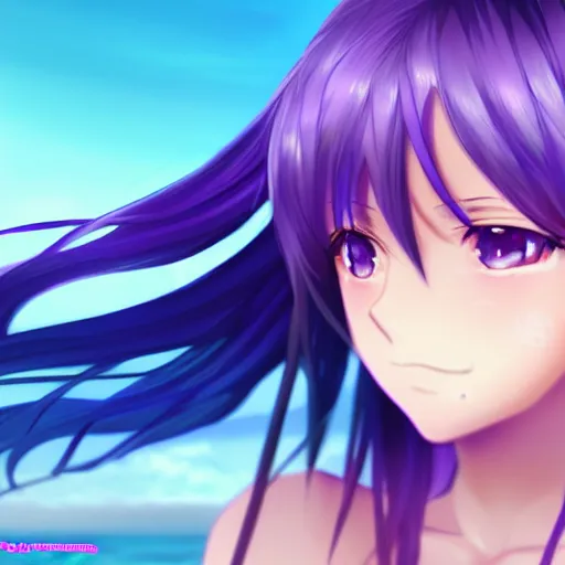 Prompt: render as a very beautiful 4d anime girl, long braided purple hair, azure blue eyes, full round face, short smile, casual clothes, serene beach setting, cinematic lightning, medium shot, mid-shot, highly detailed, trending on Artstation, Unreal Engine 4k, cinematic wallpaper