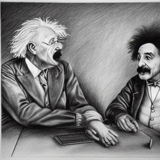 Image similar to Einstein and Newton speaks each other on a topic, pencil drawing, ultra detailed