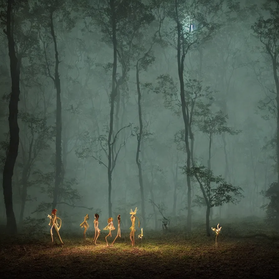 Image similar to photography award of a night carnival fairies, creatures and fantastic people disguised as fantastic creatures in the forest by summer night, masterpiece photography by gregory crewdson, volumetric lightning