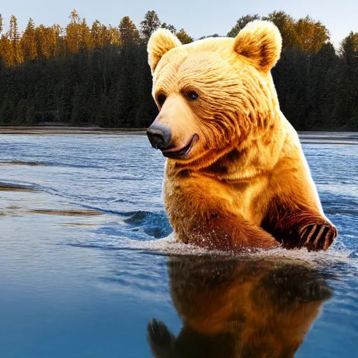 Image similar to high quality photograph of joe biden riding a bear across a river, golden hour