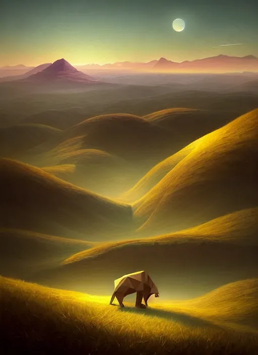 Image similar to just before sunrise in the low - polygon hills, the distant hills are polygons, depth of field, intricate, surrealism!!!!, highly detailed, lifelike, photorealistic, digital painting, artstation, surreal concept art, smooth, sharp focus, by greg rutkowski, chris tulloch mccabe, valentina remenar and asher duran,