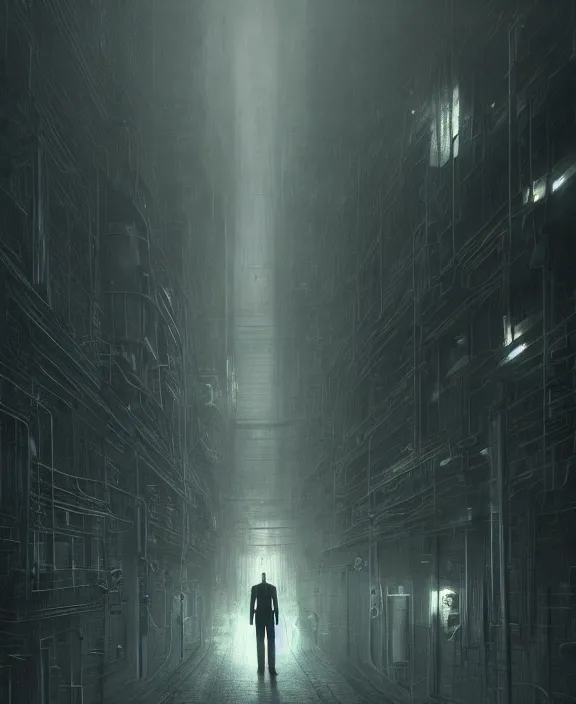 Image similar to a mechanical man in a lab coat standing ominously on a dark and lonely street, by HR Giger and Beksiński and Stephan Martiniere , 4k resolution, detailed, trending on artstation