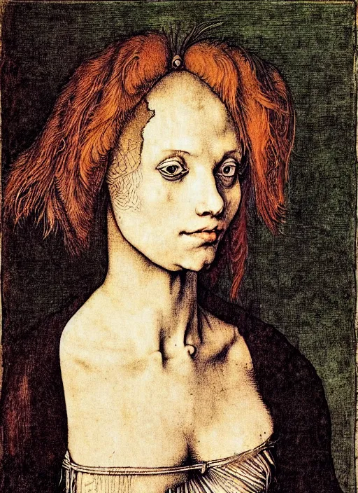 Image similar to a portrait of a pretty sewer punk young lady by albrecht durer