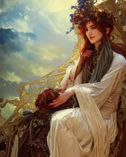 Image similar to a beautiful close up portrait of a sorceress sitting with elegant looks, flowing robe, ornate and flowing, intricate and soft by ruan jia, tom bagshaw, alphonse mucha, krenz cushart, beautiful roman architectural ruins in the background, epic sky, vray render, artstation, deviantart, pinterest, 5 0 0 px models