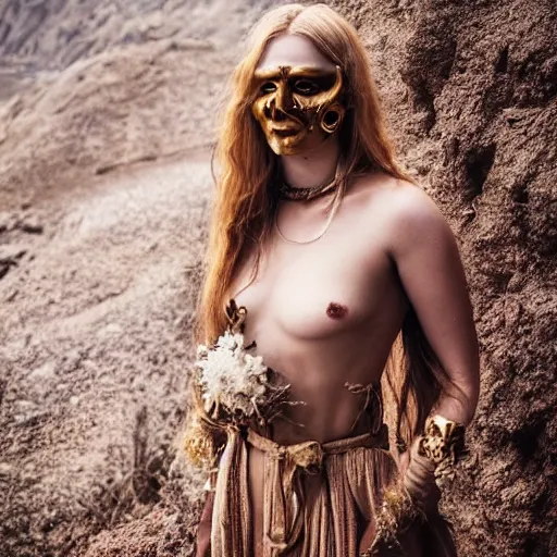 Prompt: The full body shot of beautiful pale lady with a while flower and full-face golden mask in a rocky desert background, multiple eyes and eyes reflection, long hair, photography, wide shot, day, cinematic composition, practical effects, award winning photo, 8k