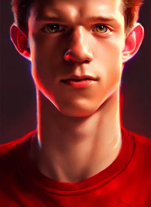 Image similar to portrait of tom holland with hazel eyes, hazel colored eyes, red shirt, intricate, elegant, glowing lights, highly detailed, digital painting, artstation, concept art, smooth, sharp focus, illustration, art by wlop, mars ravelo and greg rutkowski