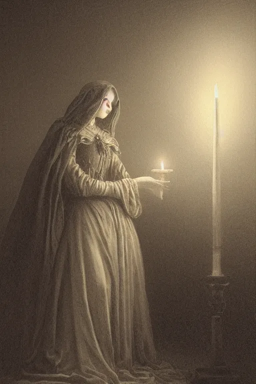 Image similar to baroque gothic woman lit by a single candle, gustave dore, 4 k resolution, concept art, mist, autumnal, chiaroscuro,