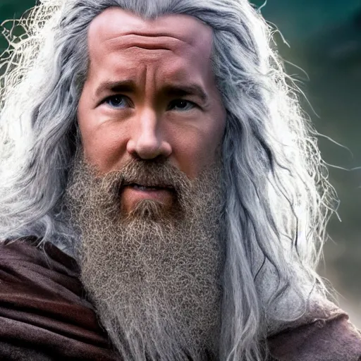 Prompt: Ryan Reynolds as Gandalf the wizard, highly detailed, high quality, HD, 4k, 8k, Canon 300mm, professional photographer, 40mp, lifelike, top-rated, award winning, realistic, sharp, no blur, edited, corrected, trending