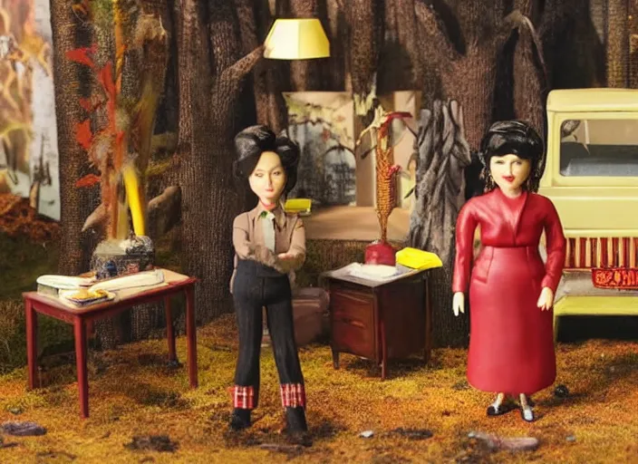 Image similar to Still frame from scene from the retro Twin Peaks made by doll miniatures diorama, directed by Nobuhiko Obayashi