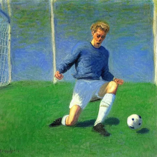 Image similar to monet painting of a skinny blonde man falling over a soccer ball, highly detailed, realistic,