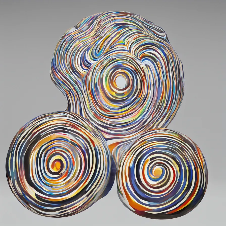 Image similar to beautiful gallery show studio photograph of a giant realistic ceramic sculpture of a round cat, glazed by bridget riley and victor vasarely, placed on a polished wooden table, colorful hyperrealism 8 k trending on artstation