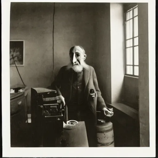 Image similar to underexposed photo of Marcel Duchamp in a room with an ancient machine, Kodachrome, Edward Weston and Gustave Doré, archival pigment print, contemporary art