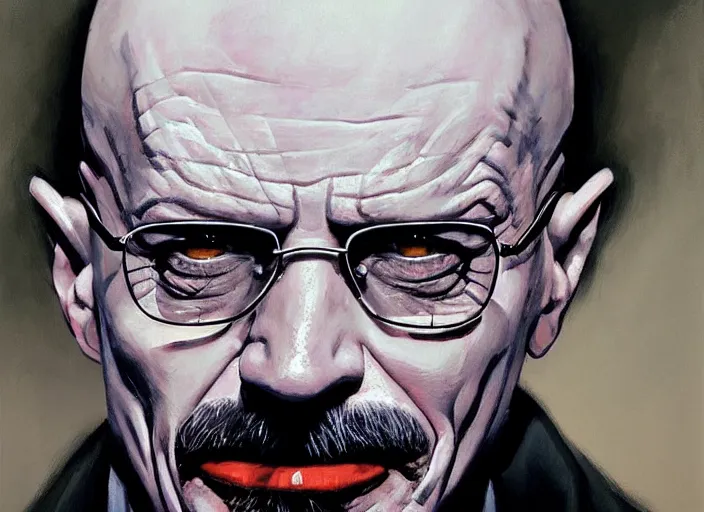 Image similar to a highly detailed beautiful portrait of walter white as the joker, by gregory manchess, james gurney, james jean