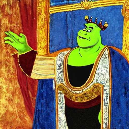 Image similar to shrek is crowned as the byzantine emperor, oil on canvas, 1 8 9 3, high quality, high resolution