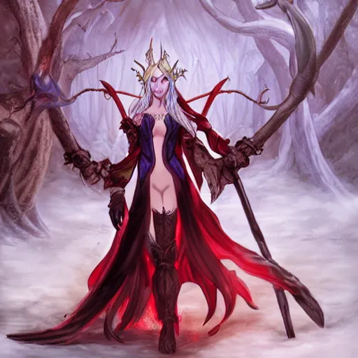 Image similar to a photo of an elven high mage with a staff having a magic standoff with a succubus demon in a magical forest. The demon is mostly red and black colored, and is armored. The elf wears robes.