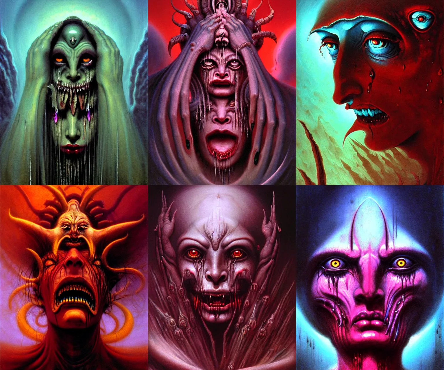 Prompt: A cinematic crying closeup portrait of the Hindu demon goddess of grief despair sorrow, by Wayne Barlowe, by Paul Lehr, by Bruce Pennington, by Zdzisław Beksiński, by HR Giger, oil on canvas, masterpiece, trending on artstation, featured on pixiv, cinematic composition, astrophotography, dramatic pose, beautiful lighting, sharp, details, details, details, hyper-detailed, no frames, 8K