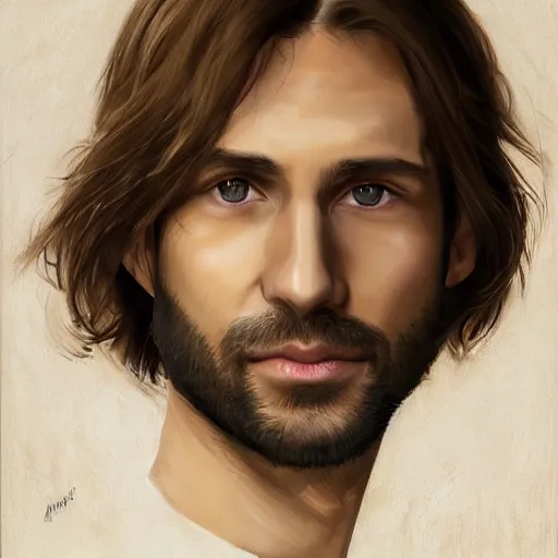 Image similar to portrait of a handsome man of 3 9 years old, green eyes, light brown, good looking, wide round nose, mid long hair by david rutkowski, by artgem