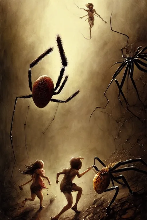 Image similar to screaming kids running away from huge spider | esoteric symbolism | jean - baptiste monge, esao andrews, bastien lecouffe - deharme, tim jacobus, ken currie | ultra - detailed realism, soft cinematic lighting, hi - fructose, artstation, high - quality, ink watercolors wes anderson poster art