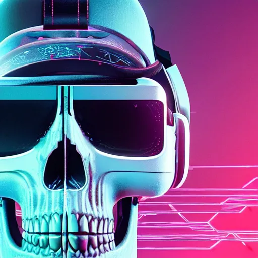 Image similar to a skull with a vr headset in a cyberpunk aesthetic, 4 k, with the word pixel written on the headset